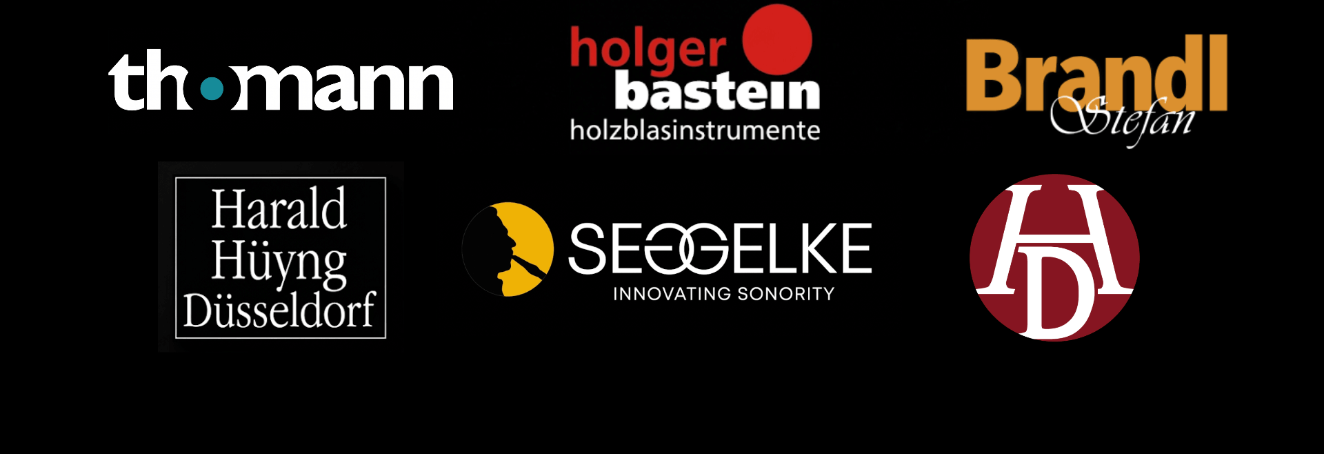 Logos of authorized YBRATO retailers in a row: Thomann, Holger Bastein Holzblasinstrumente, Brandl Stefan, Harald Hüyng Düsseldorf, Seggelke Klarinetten and Harald Dallhammer