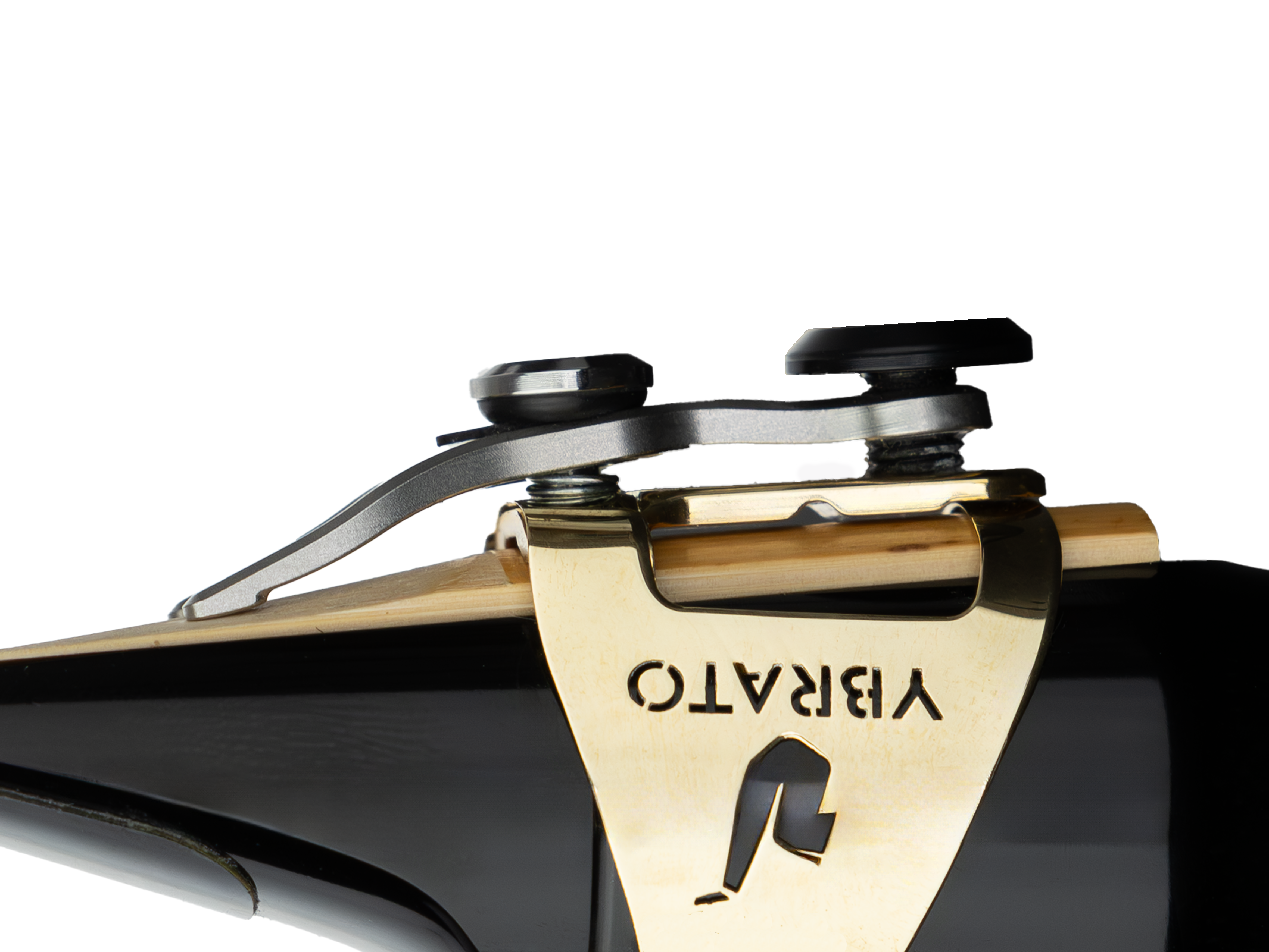 Side view of the Ybrato SweetSpot Ligature mounted on a saxophone mouthpiece, highlighting the unique reed tip adjustment system