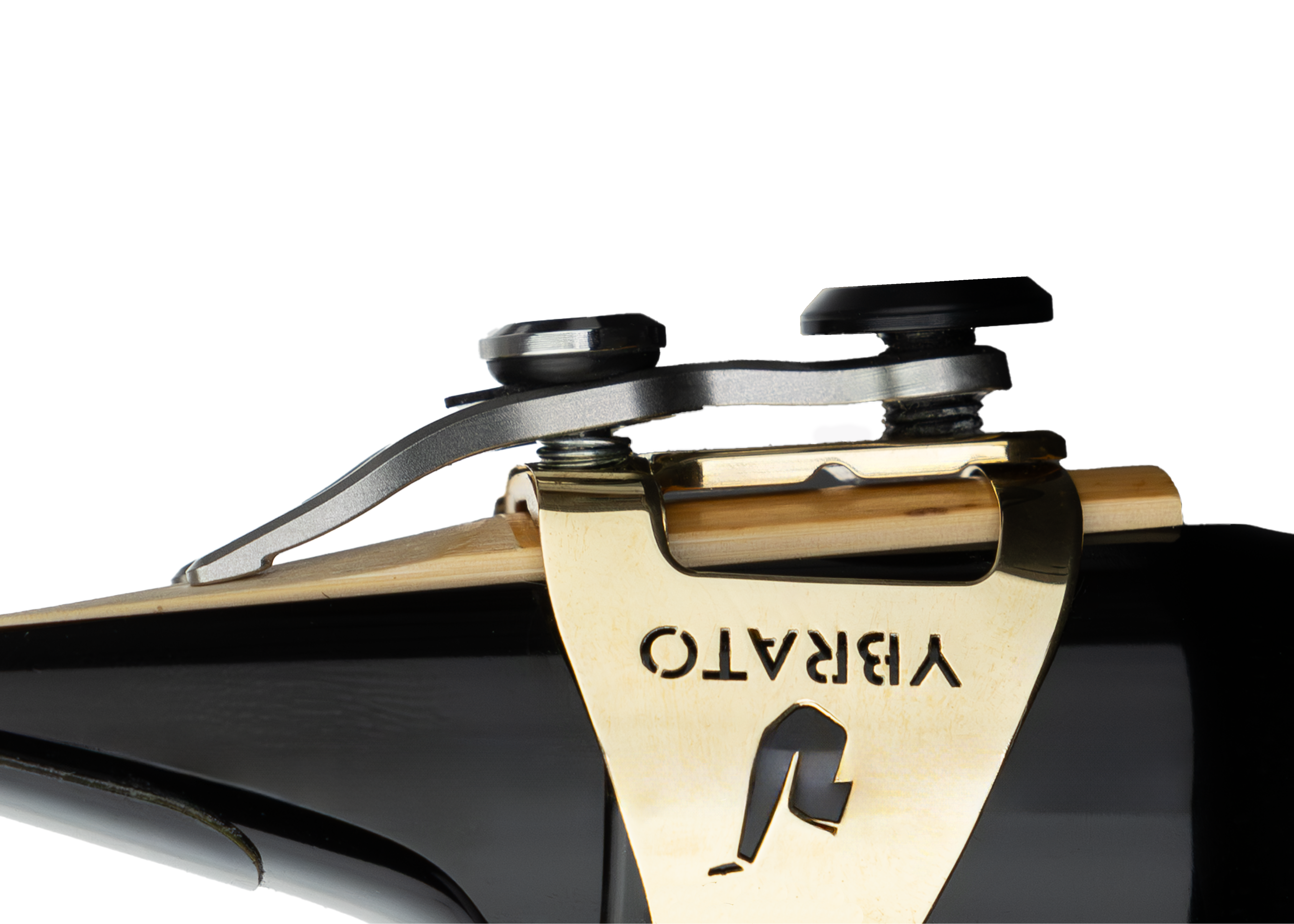 Side view of the Ybrato SweetSpot Ligature mounted on a saxophone mouthpiece, highlighting the unique reed tip adjustment system