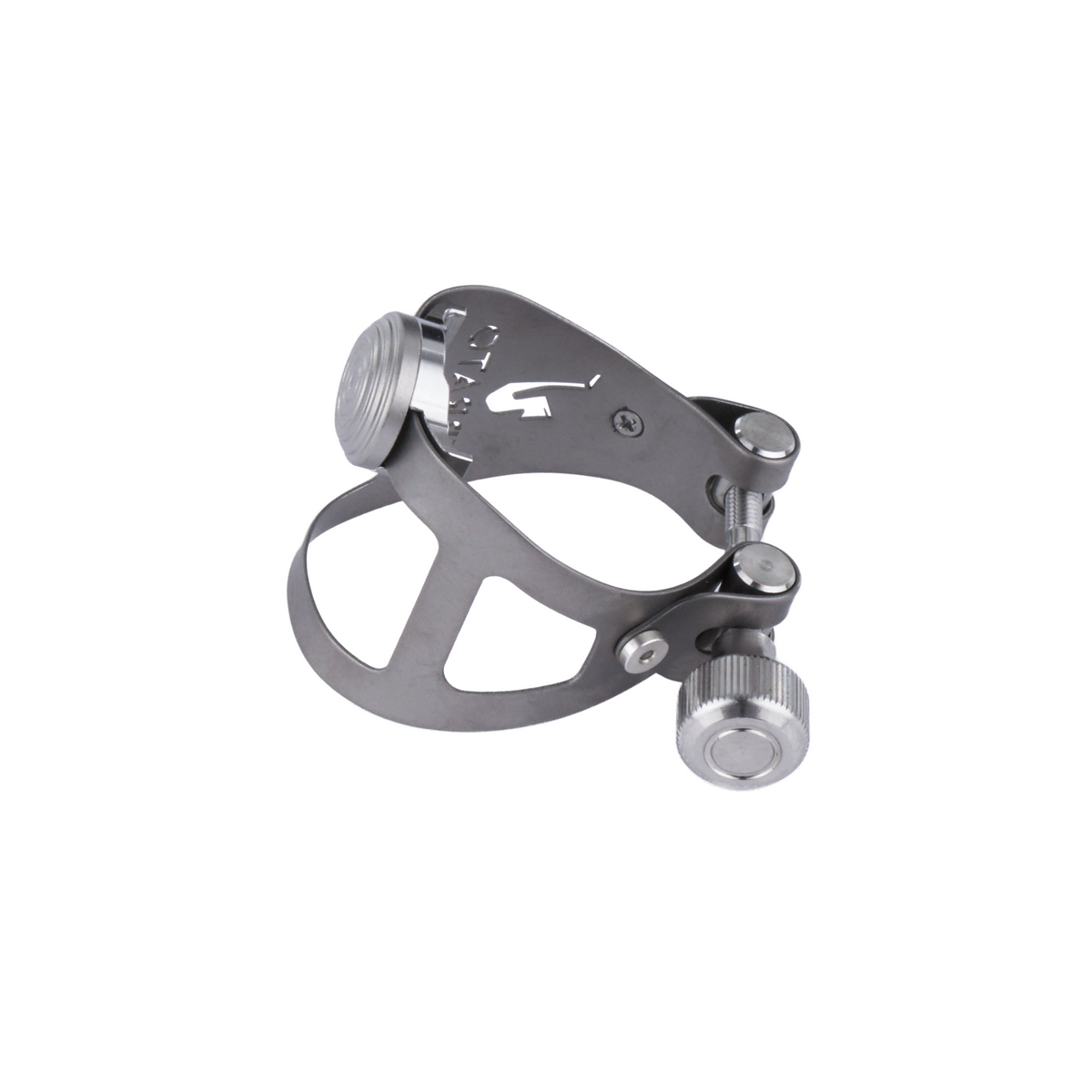Ybrato ReedReflector Ligature for saxophone and clarinet, Titan, shown on the side