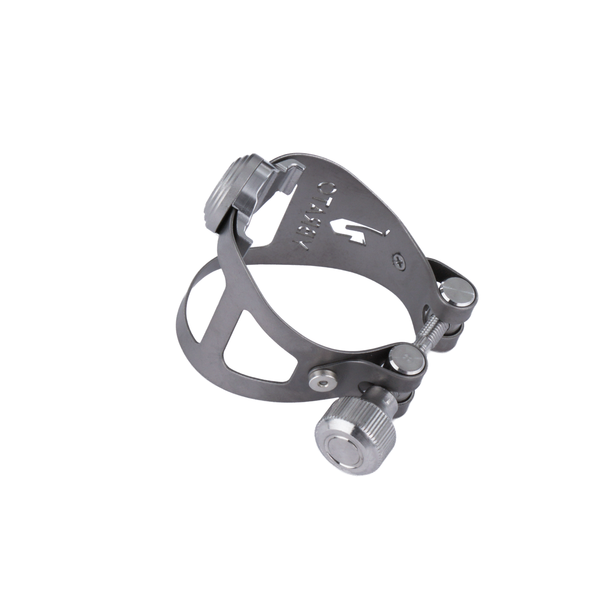 Ybrato ReedReflector Ligature for saxophone and clarinet, Titan, shown from the side and behind