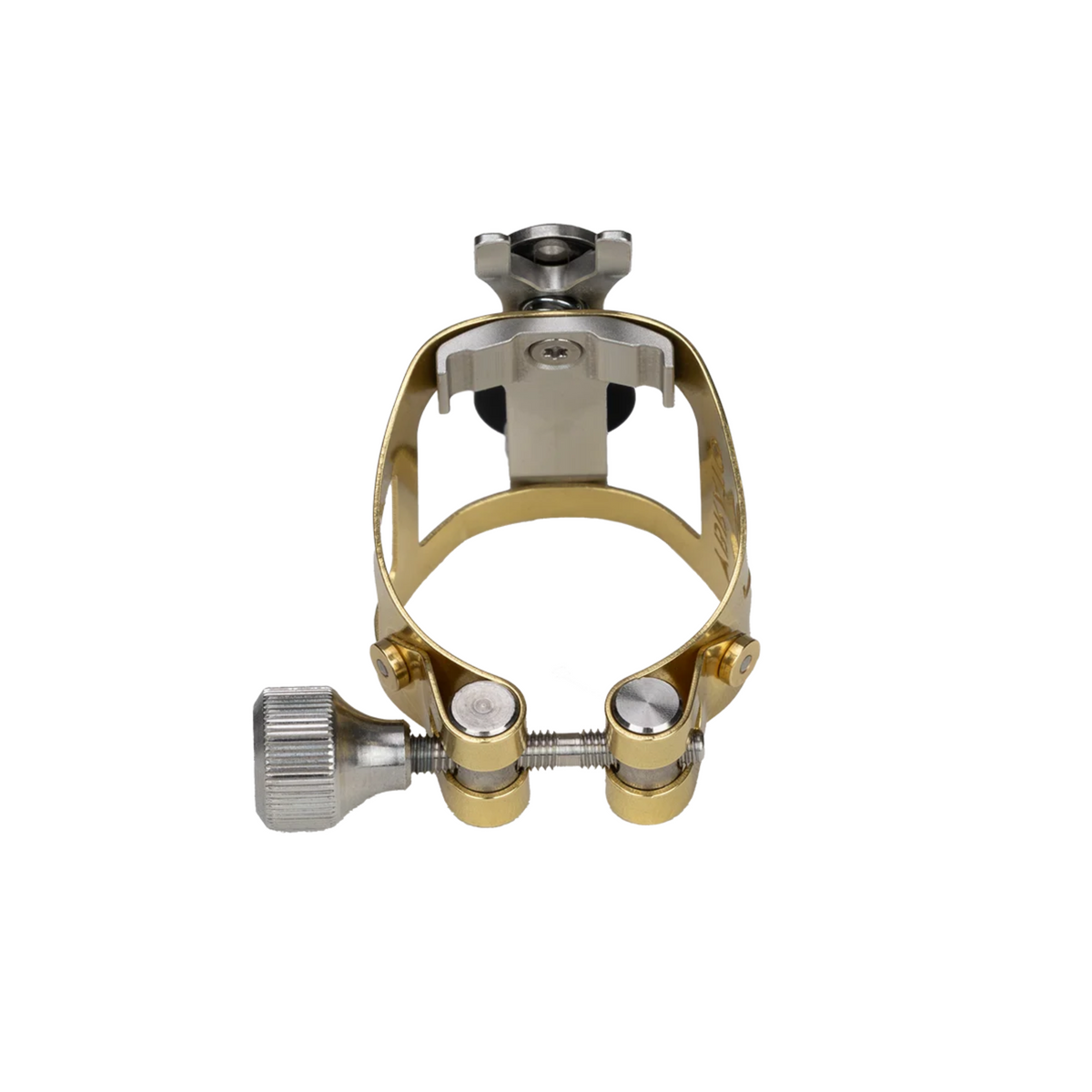 Ybrato SweetSpot Ligature for saxophone, gold finish, shown from behind