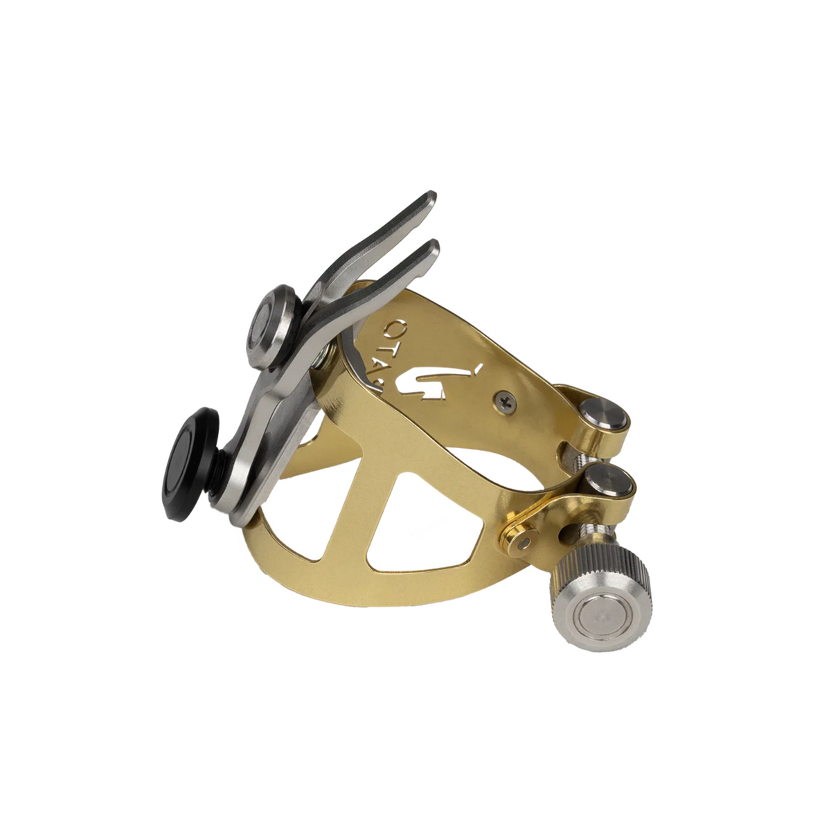 Ybrato SweetSpot Ligature for saxophone, gold finish, shown on the side