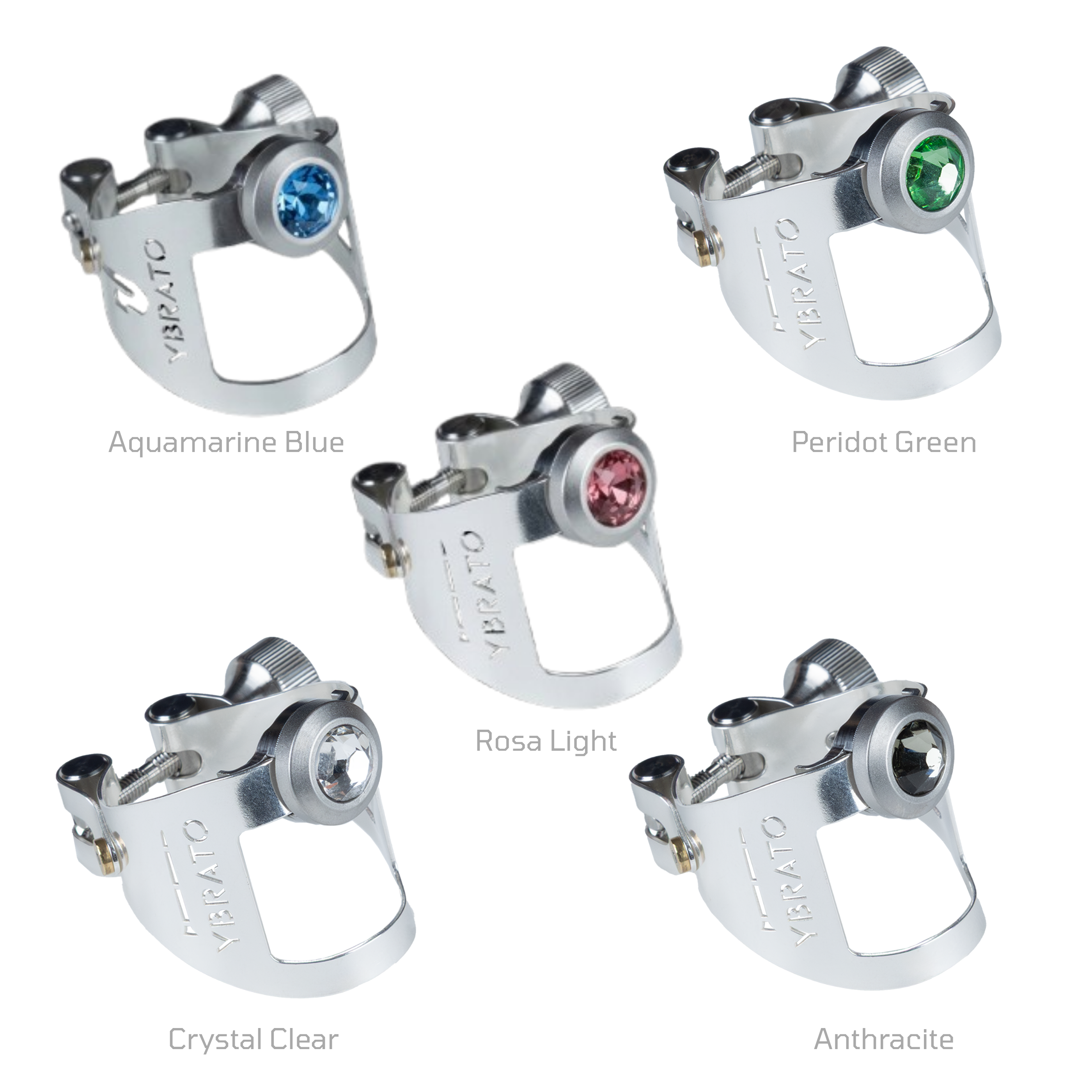 A product showcase of the Ybrato ReedReflector Crystal Edition featuring five silver plated ligatures, each adorned with a different crystal color: Aquamarine Blue, Peridot Green, Rosa Light, Crystal Clear, and Anthracite