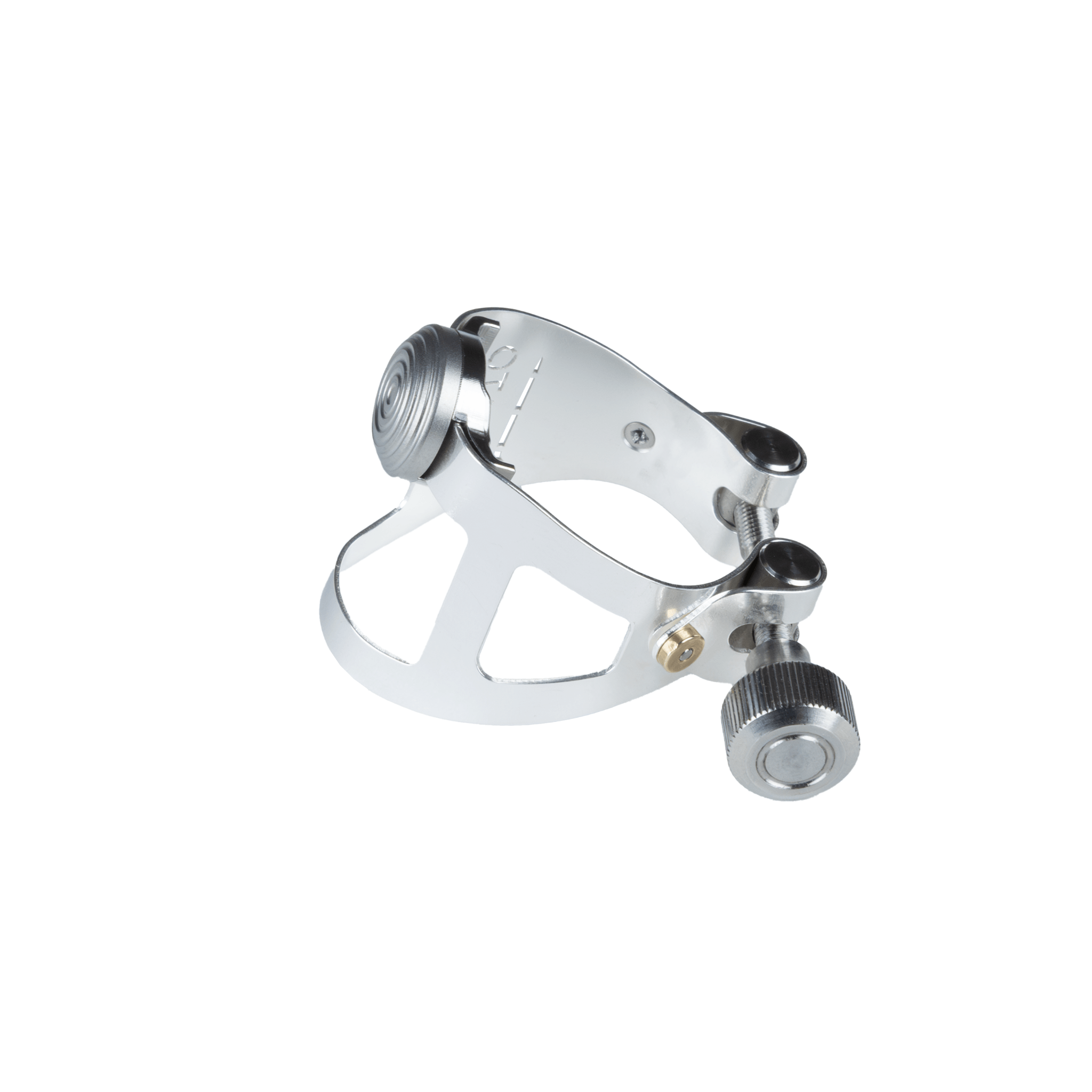 Ybrato ReedReflector Ligature for saxophone and clarinet, silver plated, shown on the side