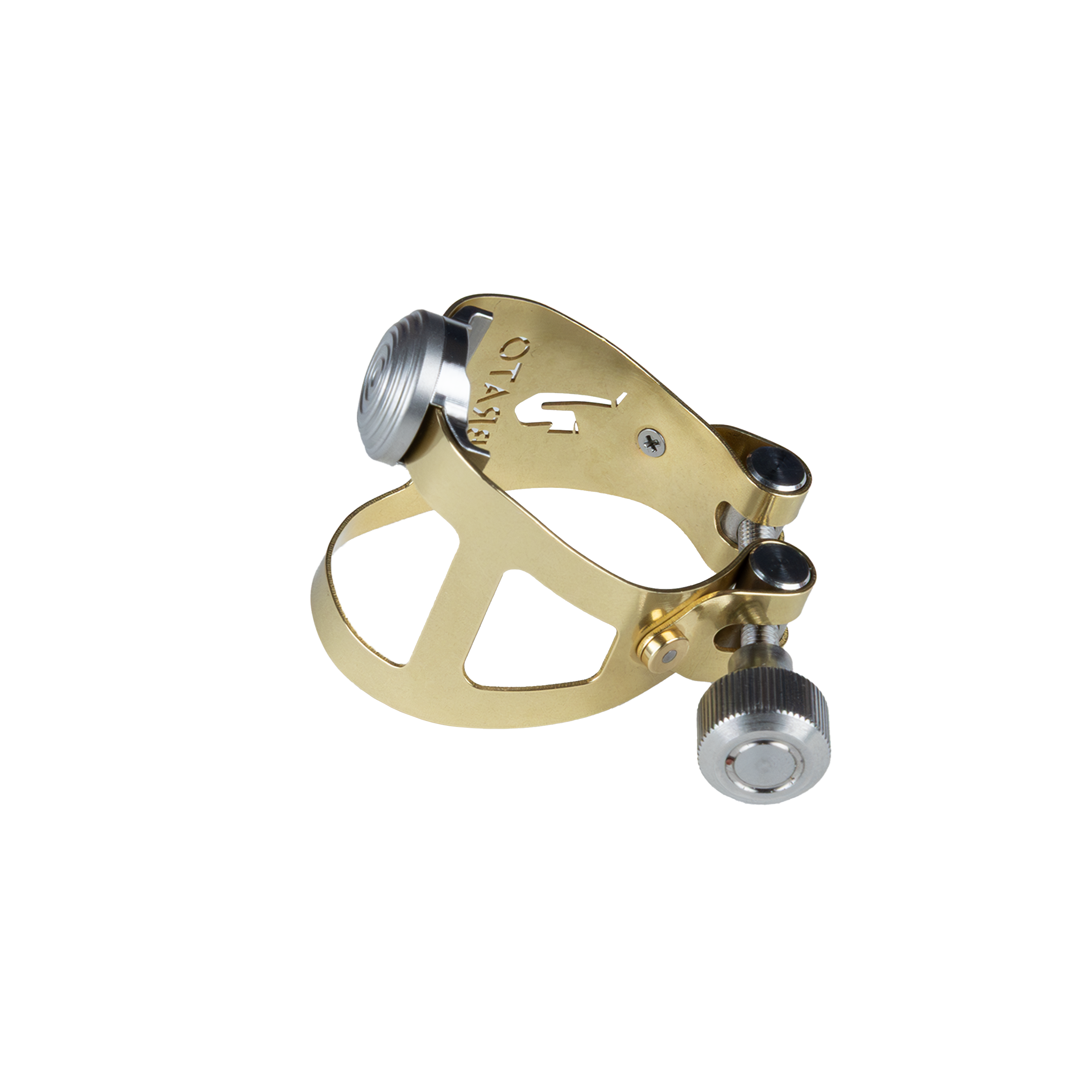 Ybrato ReedReflector Ligature for saxophone and clarinet, gold finish, shown on the side