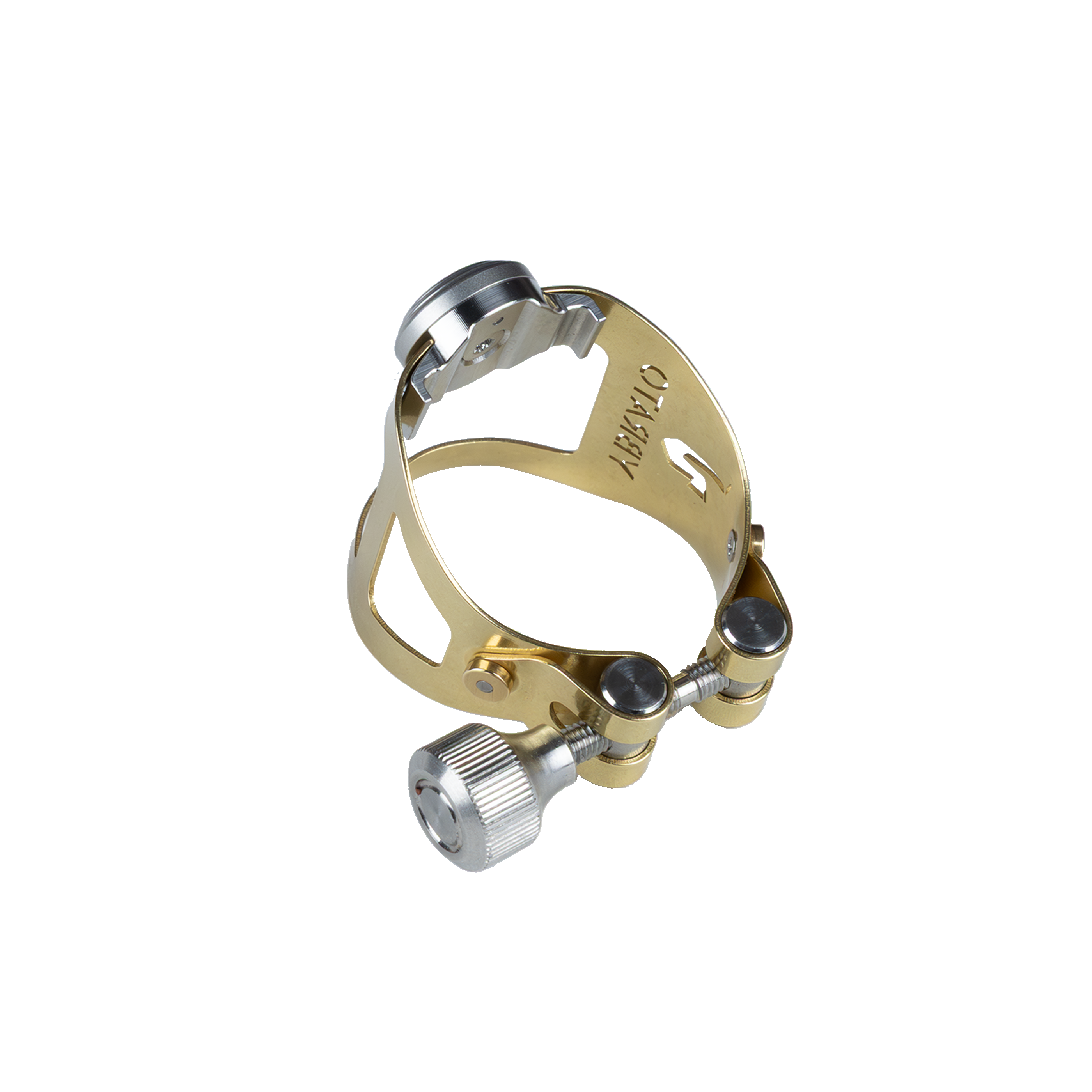 Ybrato ReedReflector Ligature for saxophone and clarinet, gold finish, shown from the side and behind