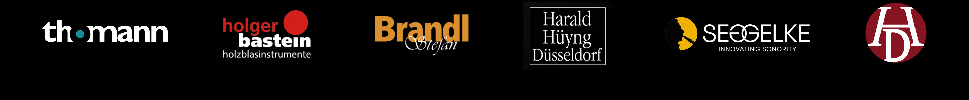 Logos of authorized YBRATO retailers in a row: Thomann, Holger Bastein Holzblasinstrumente, Brandl Stefan, Harald Hüyng Düsseldorf, Seggelke Klarinetten and Harald Dallhammer