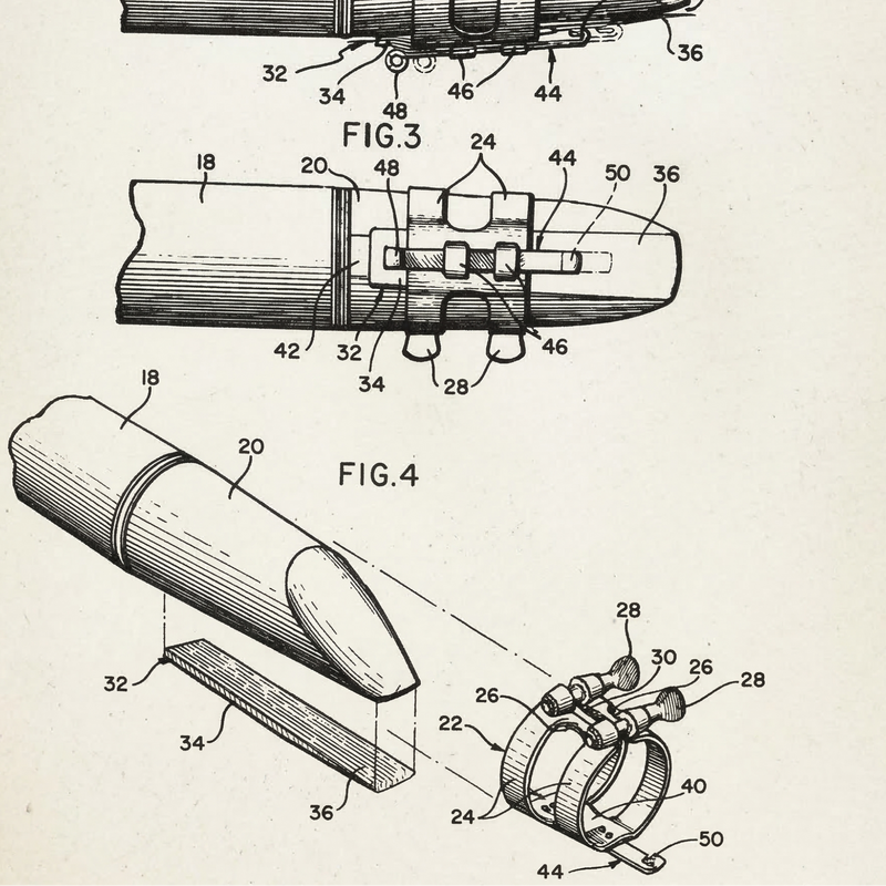Historical patent technical drawing of an innovative saxophone mouthpiece design from the early 1900s, illustrating early concepts for optimizing reed vibration and sound production.