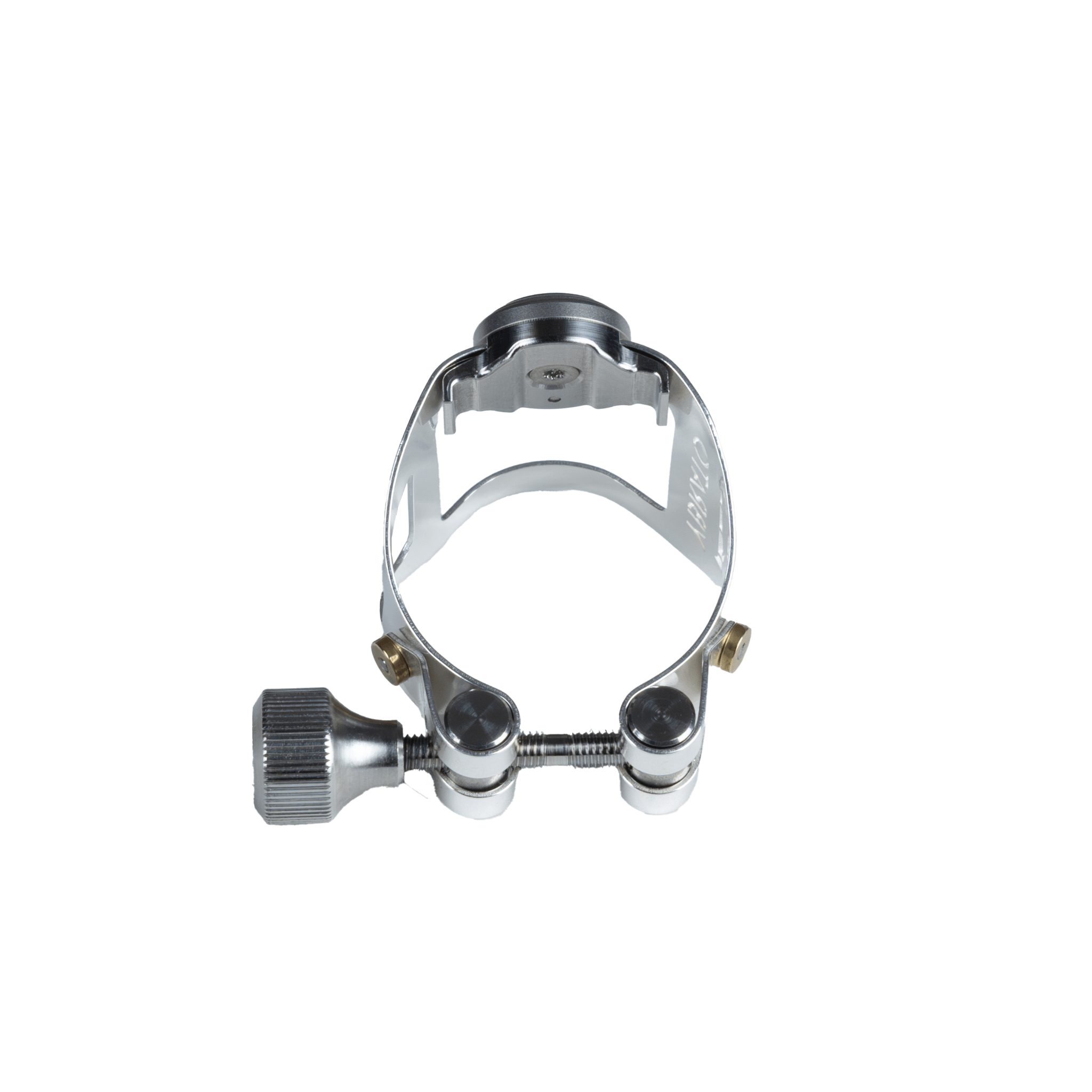 Ybrato ReedReflector Ligature for saxophone and clarinet, silver plated, shown from behind