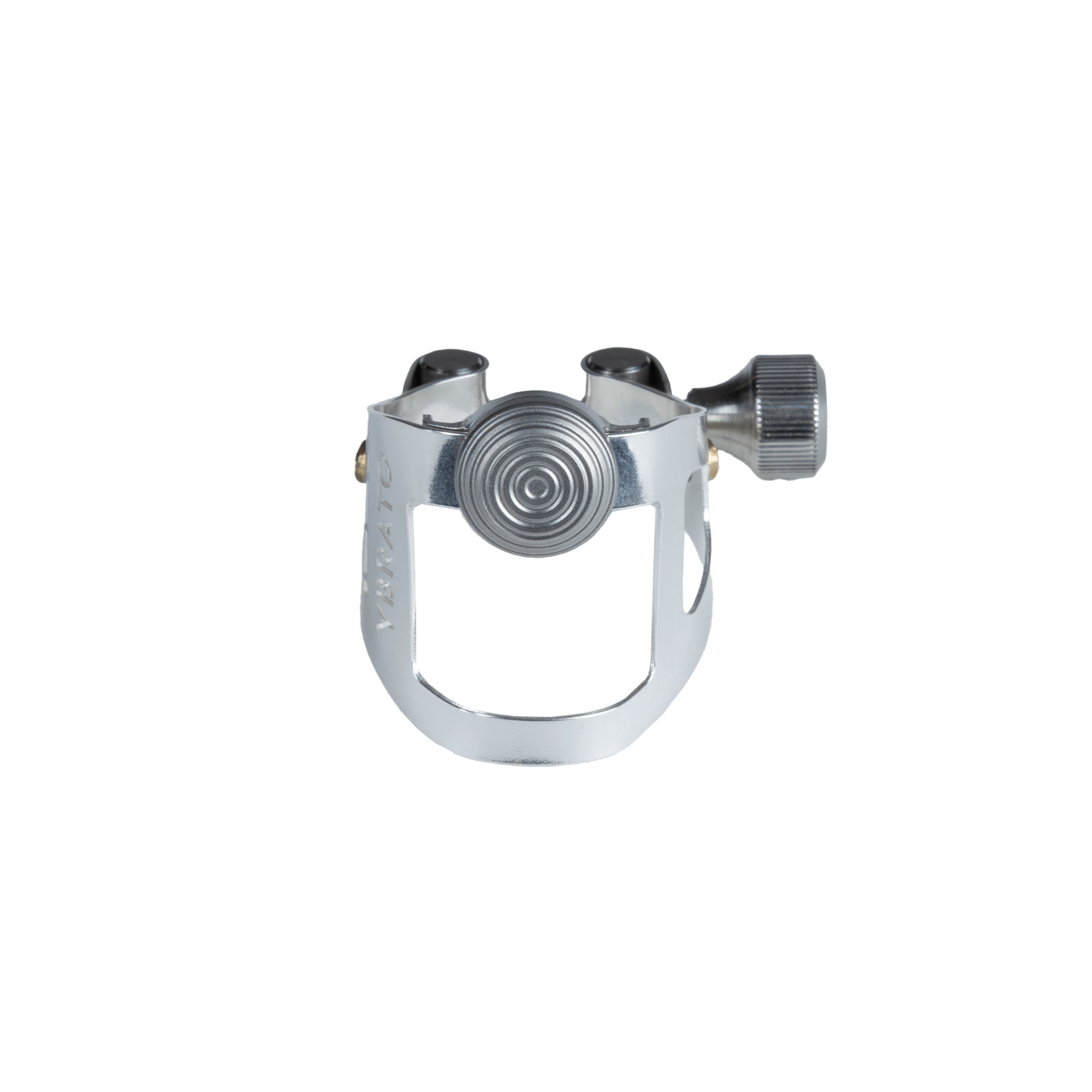 Ybrato ReedReflector Ligature for saxophone and clarinet, silver plated, shown from the front