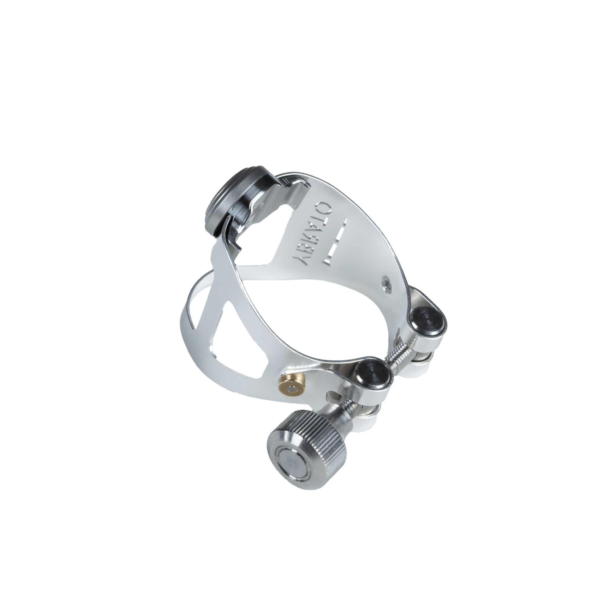 Ybrato ReedReflector Ligature for saxophone and clarinet, silver plated, shown from the side and behind