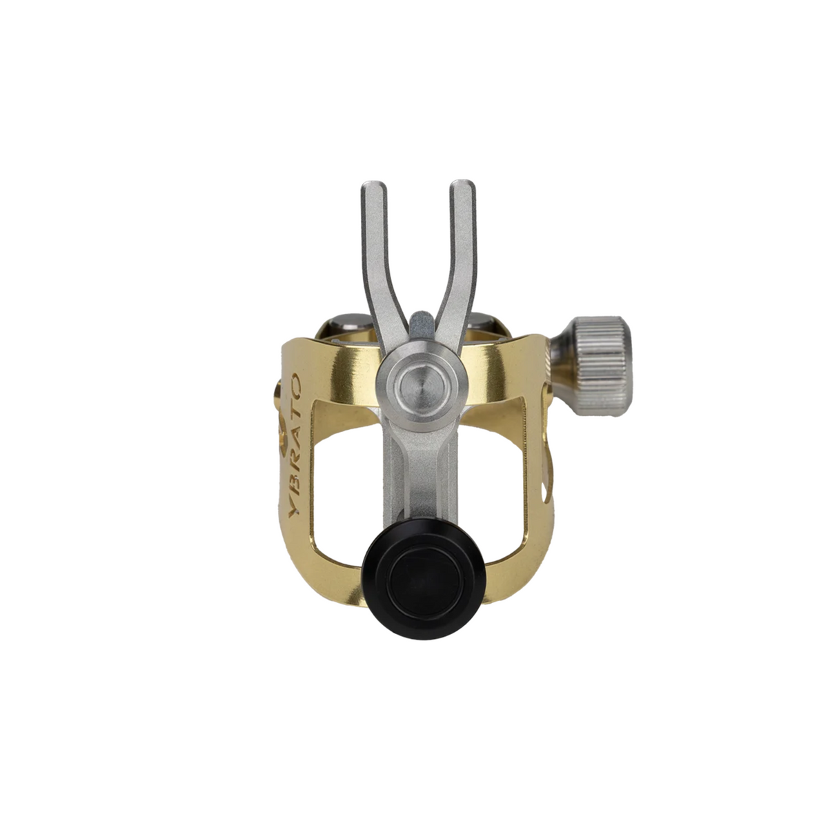 Ybrato SweetSpot Ligature for saxophone, gold finish, shown from the front