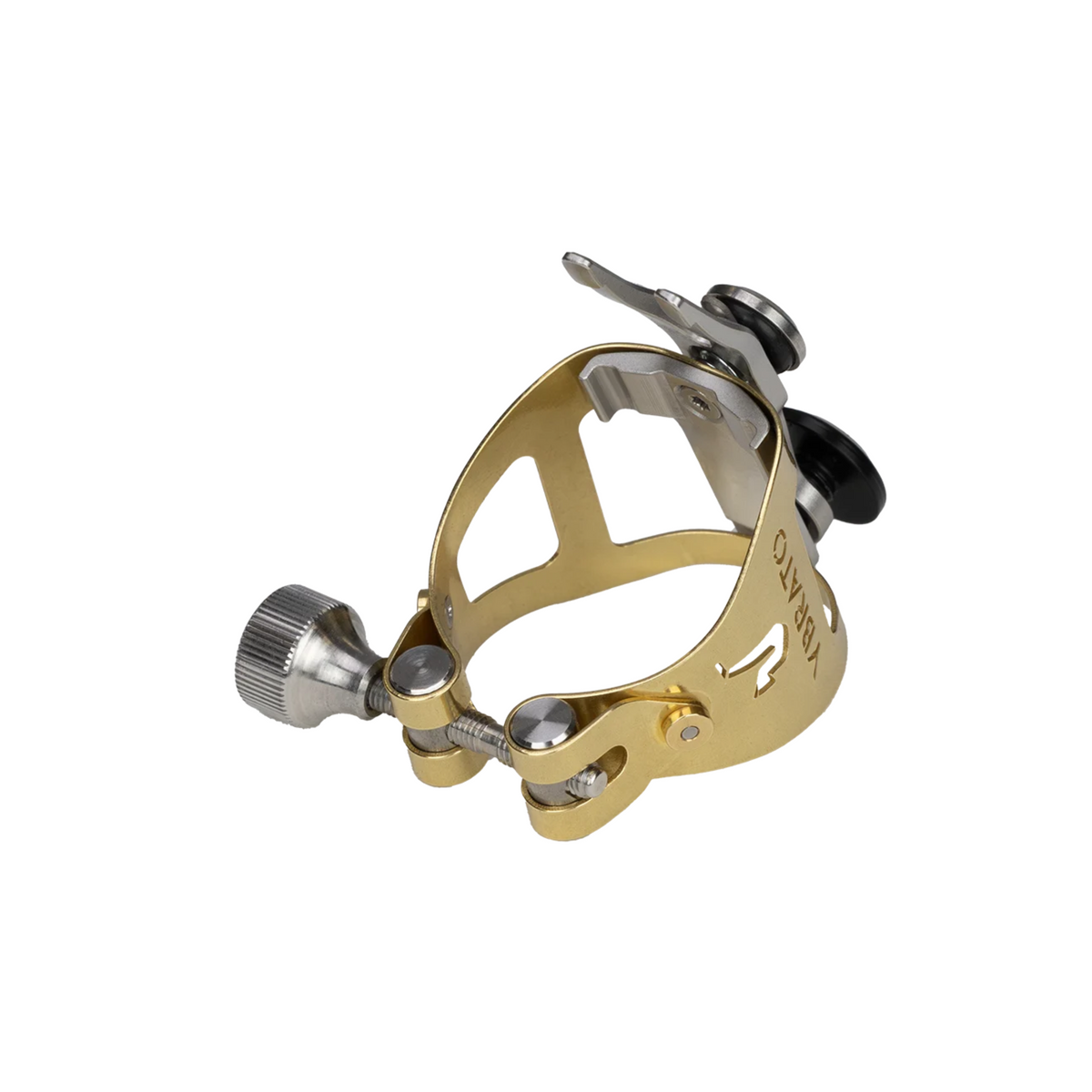 Ybrato SweetSpot Ligature for saxophone, gold finish, shown from the side and behind