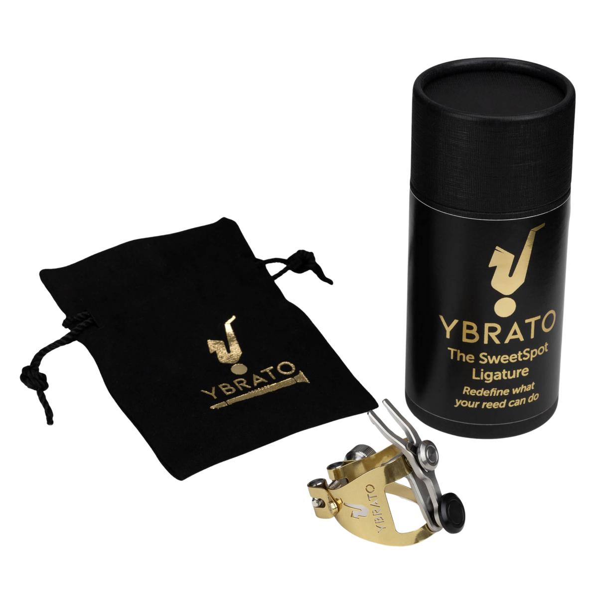 Ybrato SweetSpot Ligature product set, including gold ligature, black pouch, and premium packaging with gold Ybrato logo