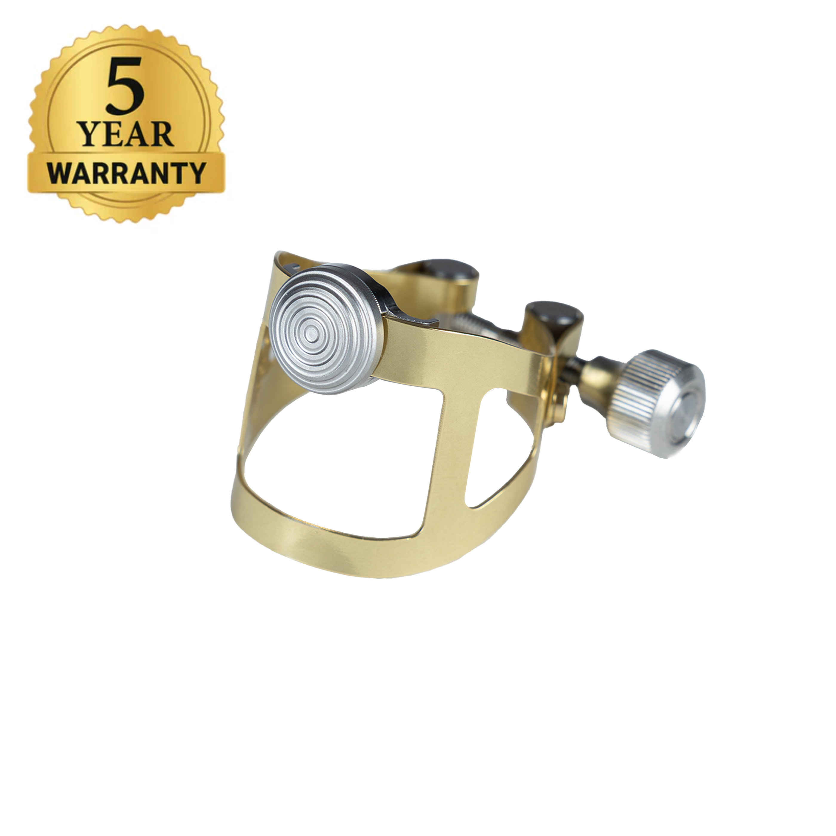 Ybrato ReedReflector Ligature for saxophone and clarinet, gold finish, shown with a 5-year warranty badge