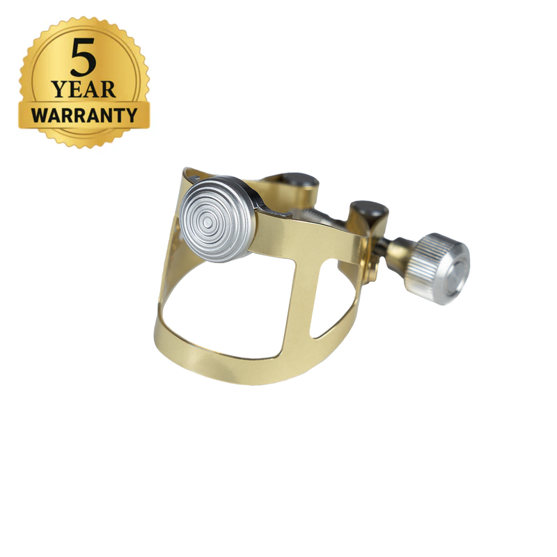 Ybrato ReedReflector Ligature for saxophone and clarinet, gold finish, shown with a 5-year warranty badge