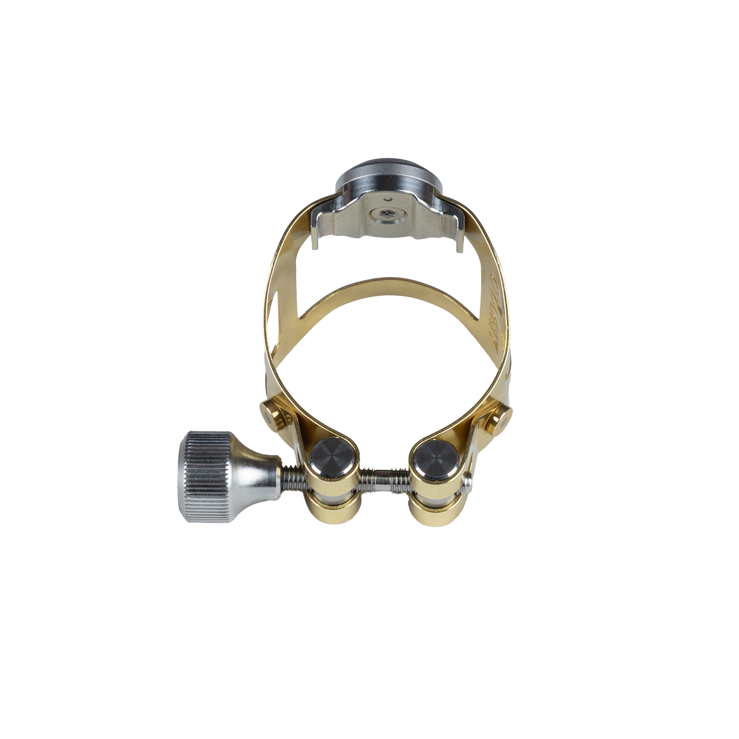 Ybrato ReedReflector Ligature for saxophone and clarinet, gold finish, shown from behind