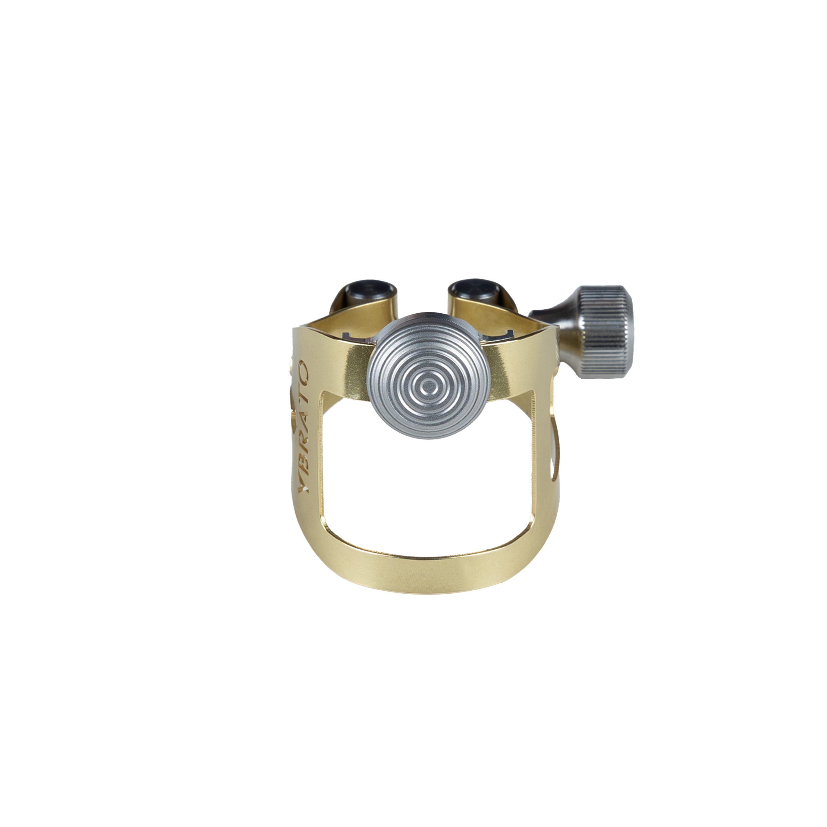 Ybrato ReedReflector Ligature for saxophone and clarinet, gold finish, shown from the front