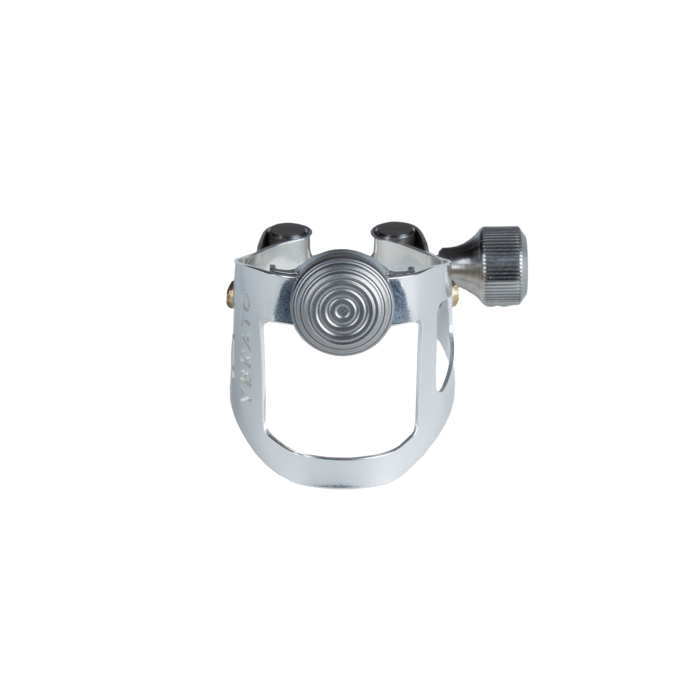 Ybrato ReedReflector Ligature for saxophone and clarinet, silver plated, shown from the front